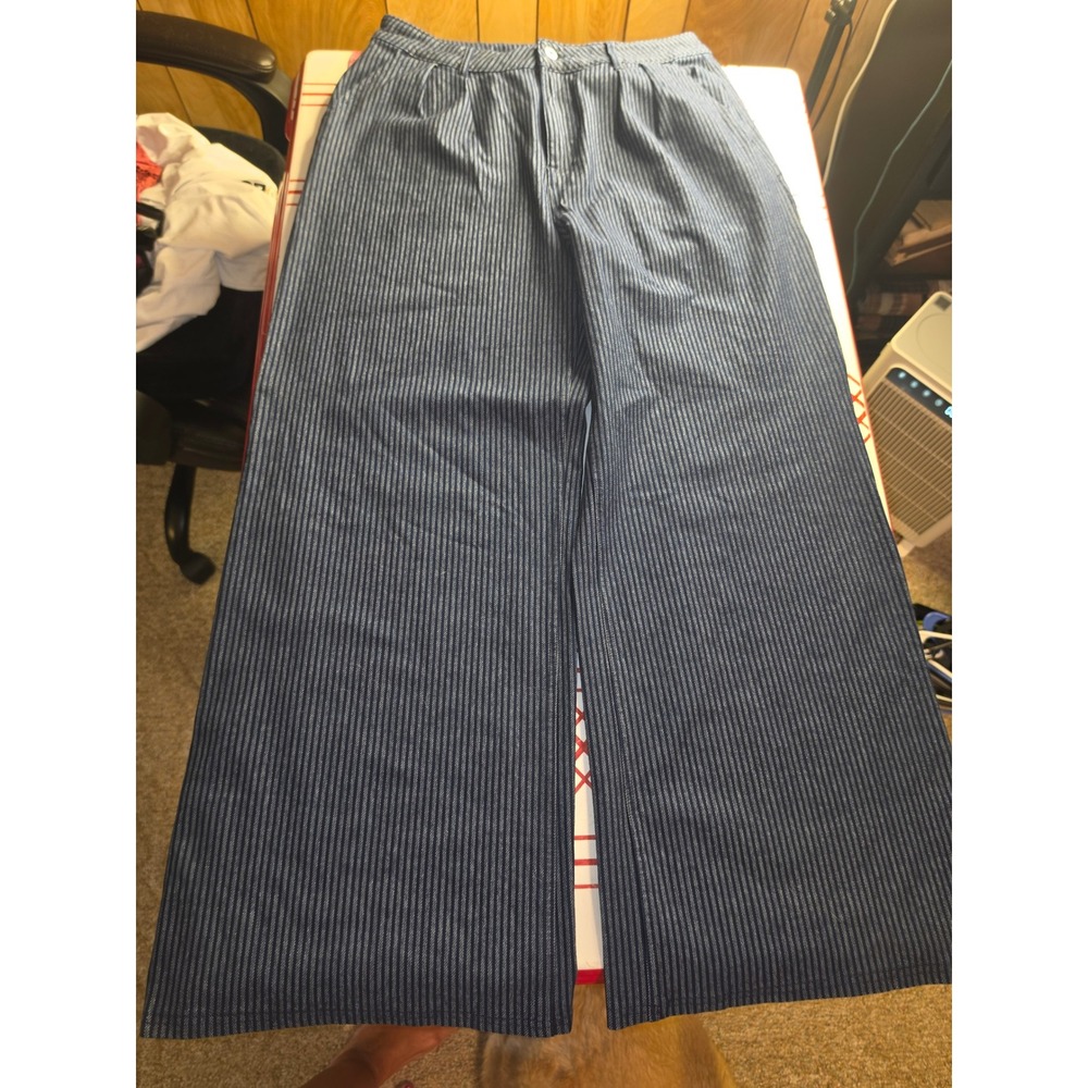 Halara Blue White Pinstripe Wide Leg Pleated Pants High Waisted Cotton Blend